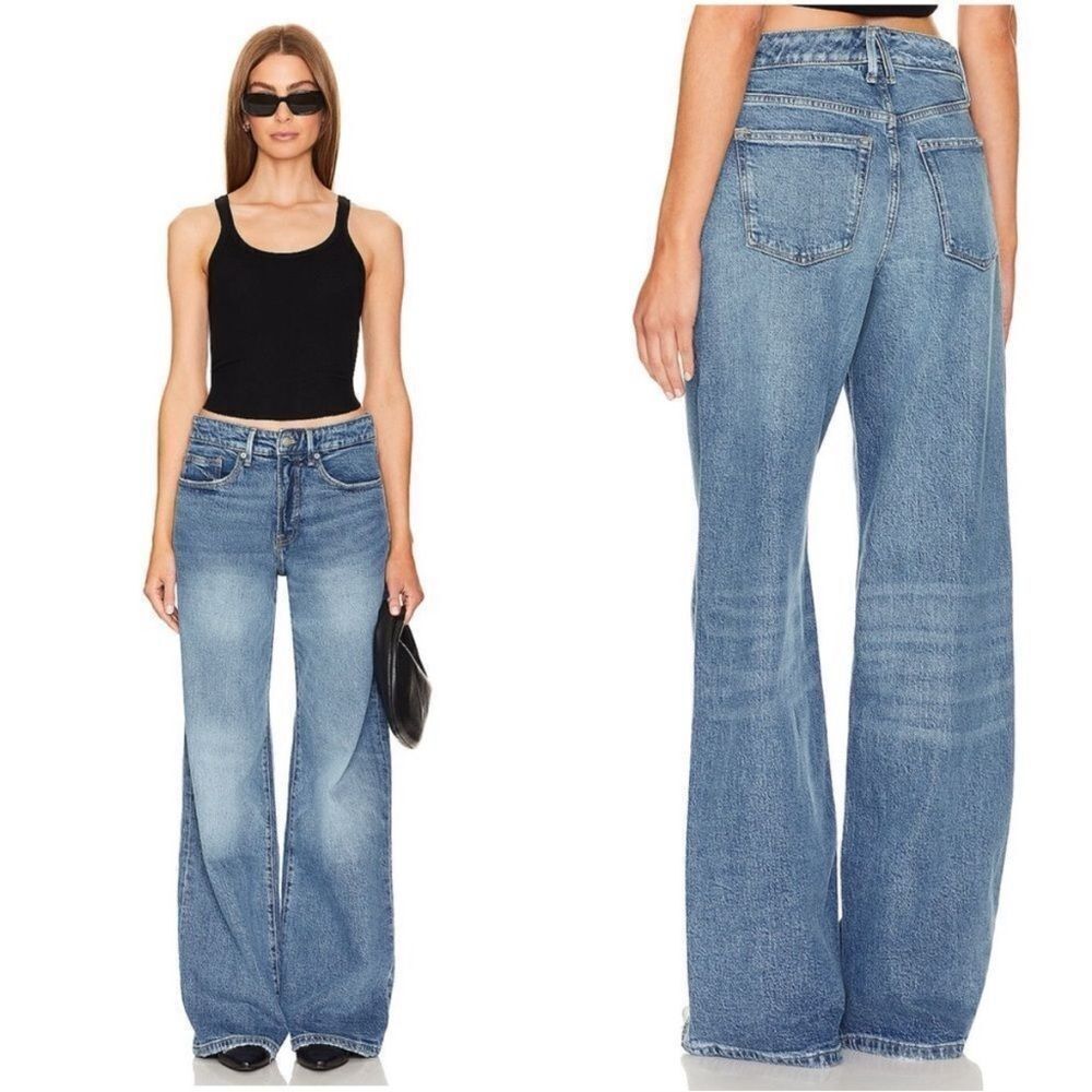 Good American Medium Blue High-Rise Wide Leg Jeans